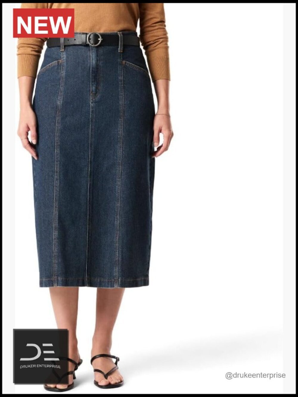 Vintage-Inspired Stretch Denim Midi Skirt with Seam Details